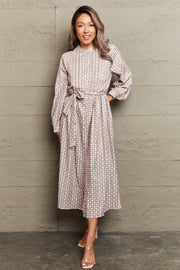 Fashorio Beige / S Printed Tie-Waist Long Sleeve Midi Dress – Casual A-Line Style
