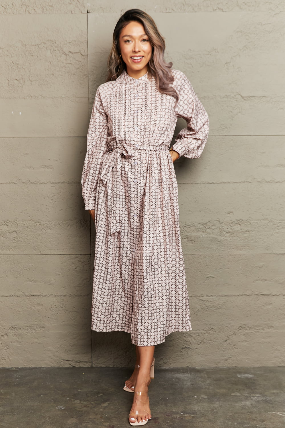 Fashorio Beige / S Printed Tie-Waist Long Sleeve Midi Dress – Casual A-Line Style