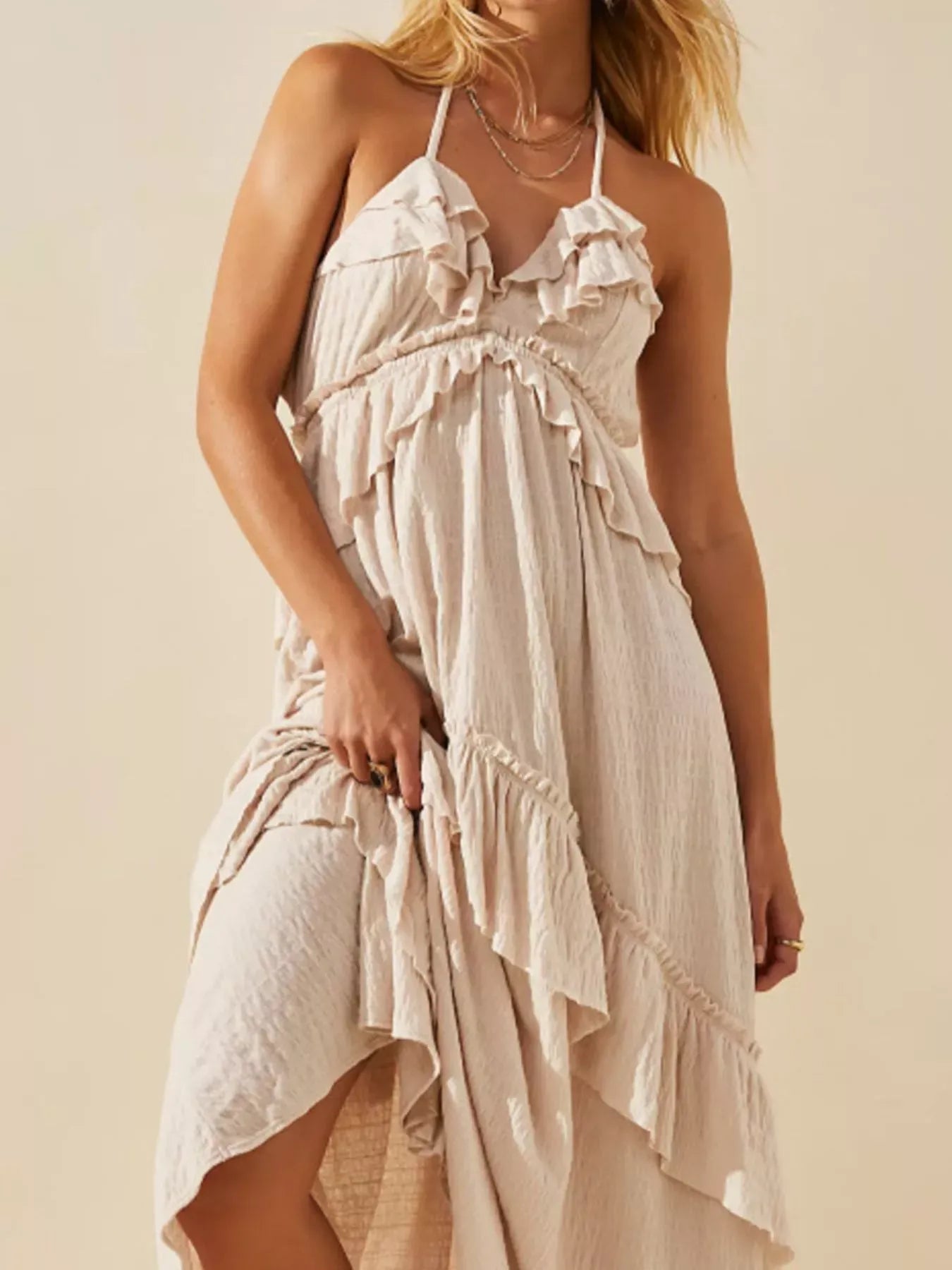 Fashorio Beige / S Ruffled Halter Neck Maxi Dress