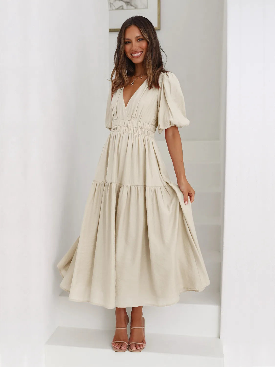 Fashorio Beige / S Tiered Surplice Half Sleeve Midi Dress