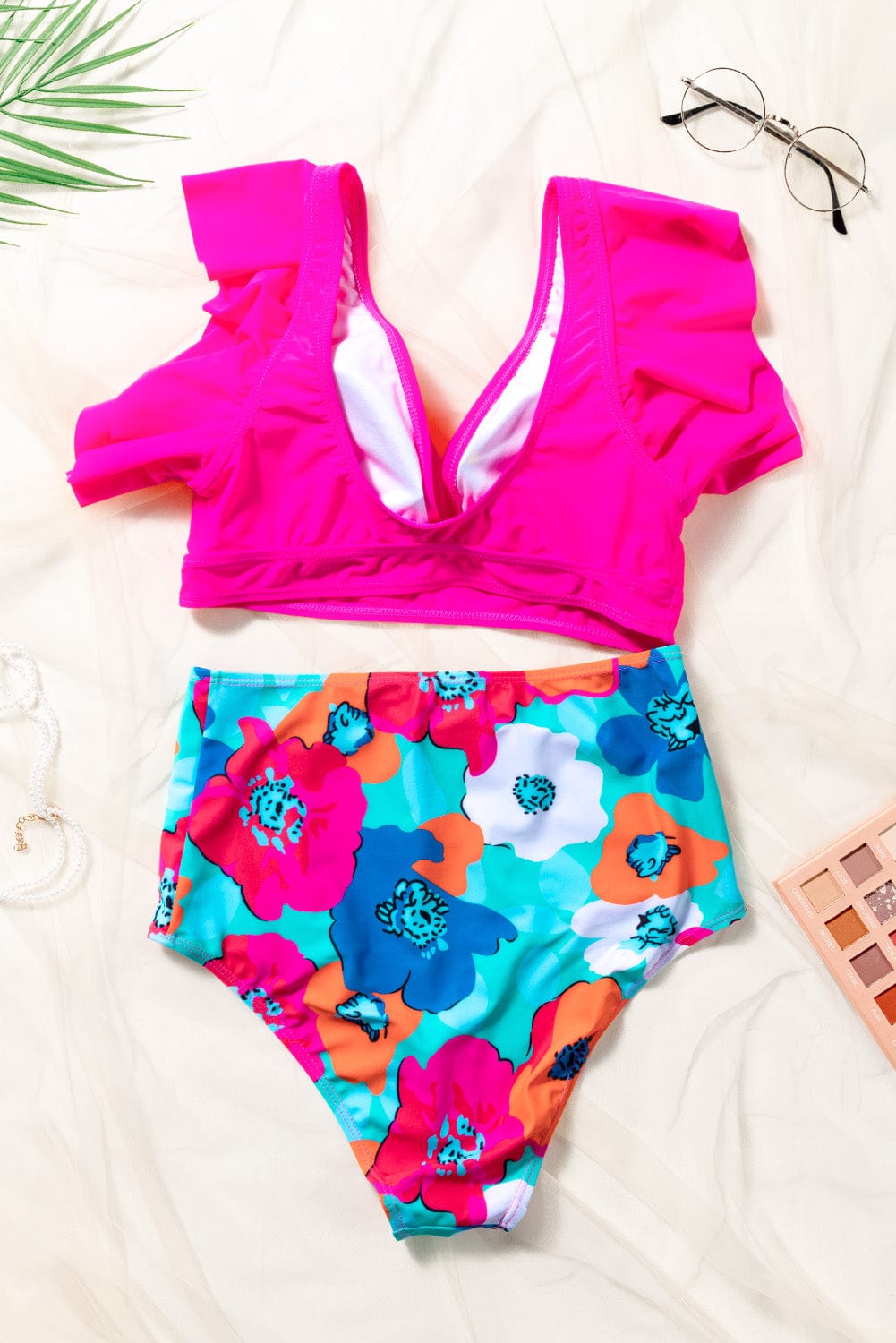 Cropped Swim Top and Floral Bottoms Set - Removable Padding - Fashorio