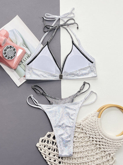 Faux Layered Halter Neck 2-Piece Bikini Set - Removable Pad - Fashorio