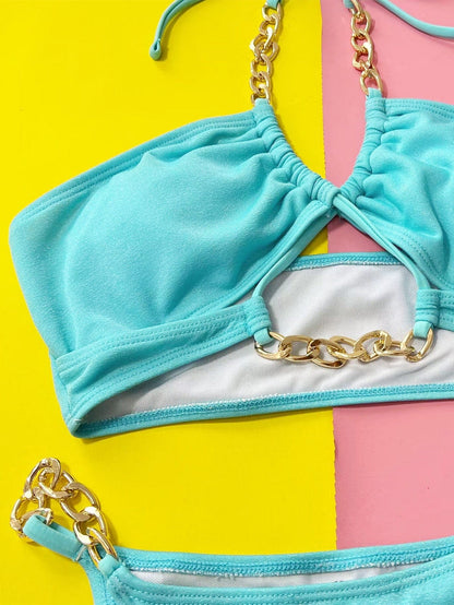 Halter Neck Chain Detail Two-Piece Bikini Set - Grommet Tie - Fashorio