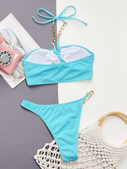 Halter Neck Chain Detail Two-Piece Bikini Set - Grommet Tie - Fashorio