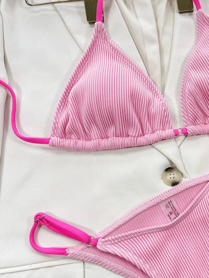 Ribbed Tie Back Bikini Set Removable Padding Two Piece - Fashorio