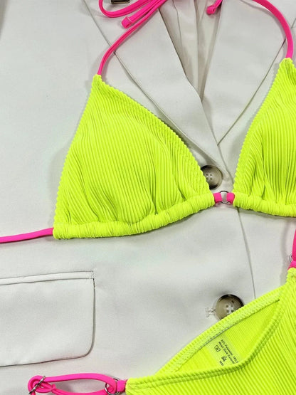 Ribbed Tie Back Bikini Set Removable Padding Two Piece - Fashorio