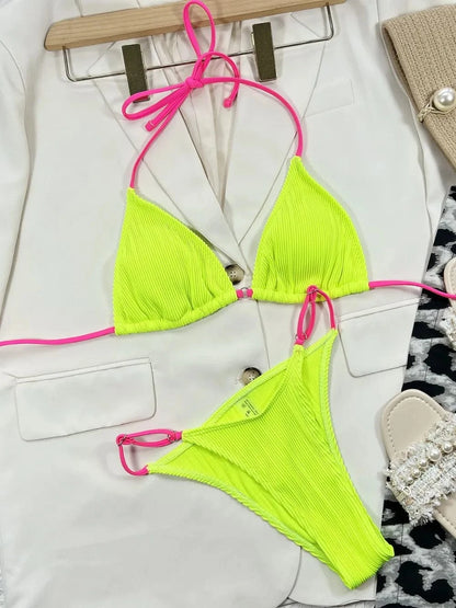 Ribbed Tie Back Bikini Set Removable Padding Two Piece - Fashorio