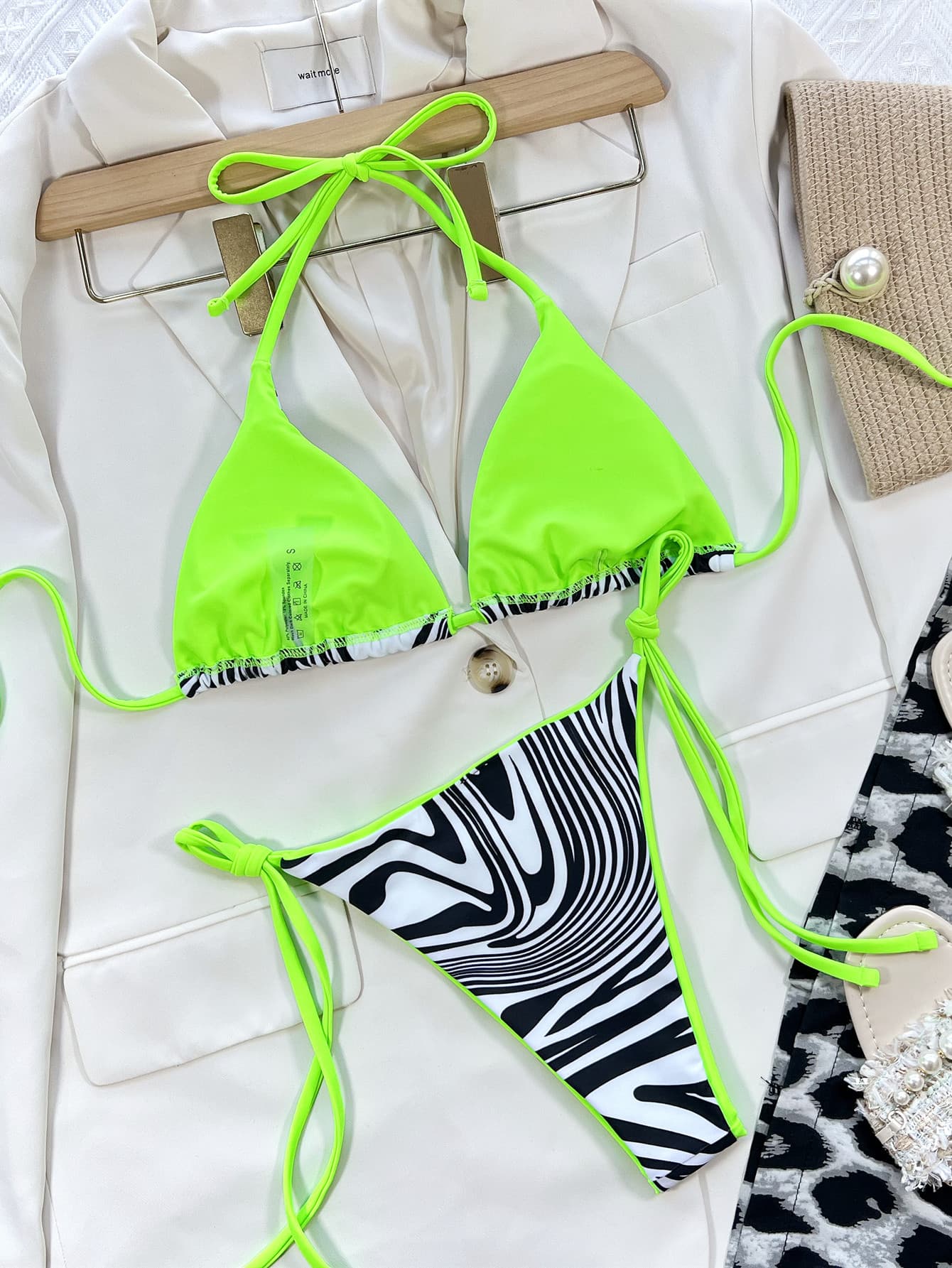 Zebra Print Halter Neck Bikini Set Removable Padding - Fashorio