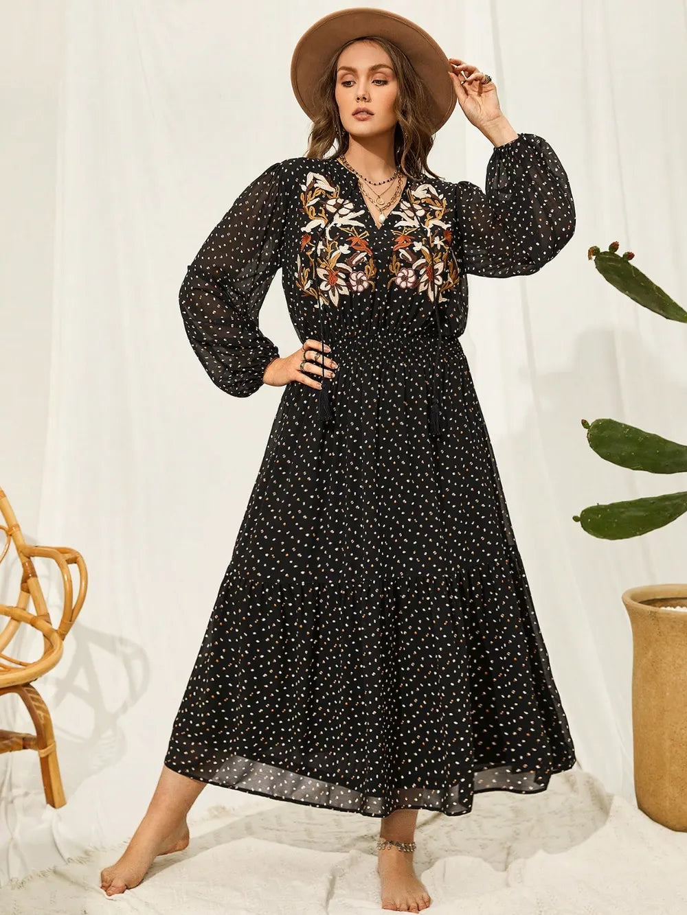 Fashorio Black / 0XL Plus Size Embroidered Tassel Balloon Sleeve Dress