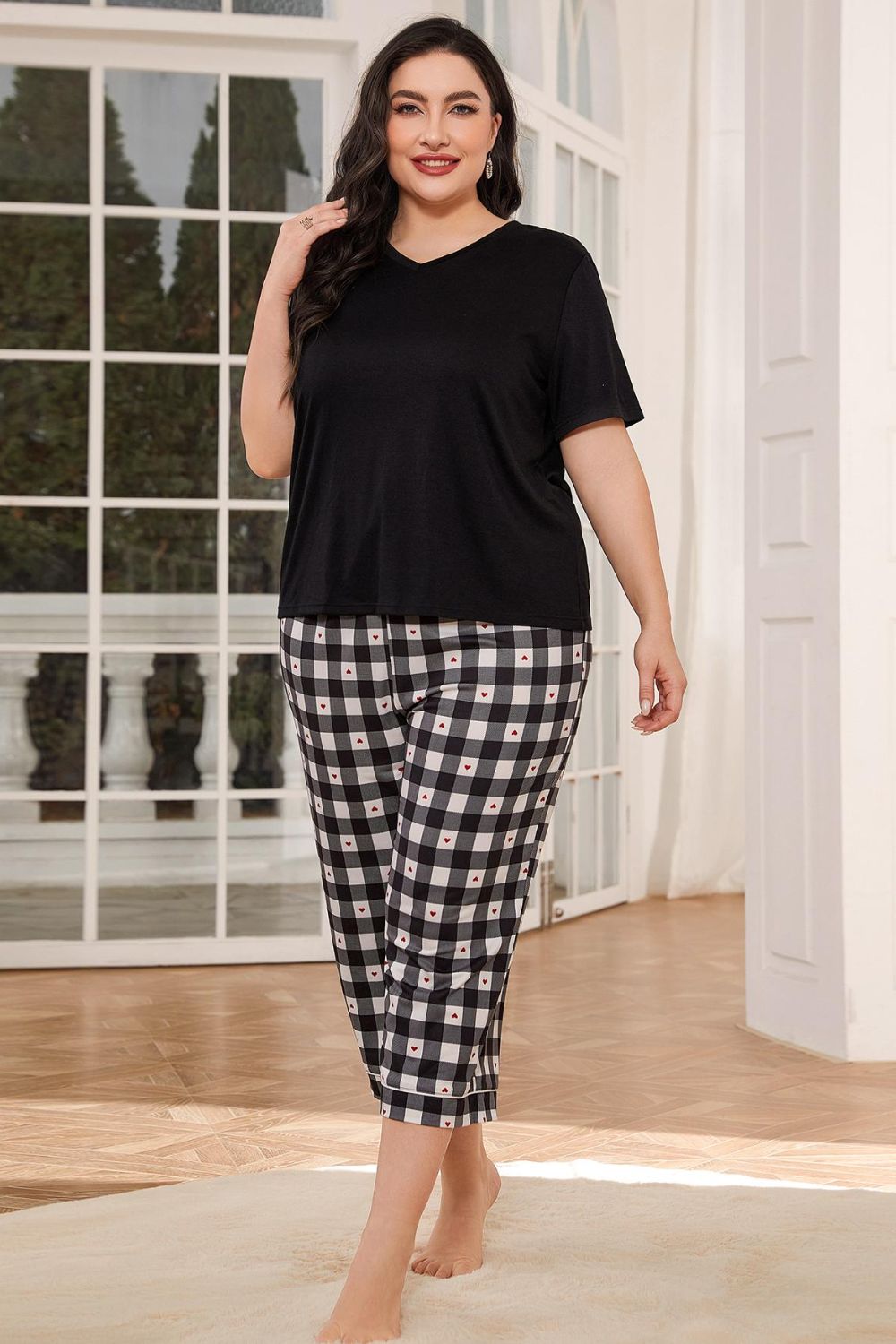 Fashorio Black / 0XL V-Neck Tee and Plaid Cropped Pants Lounge Set