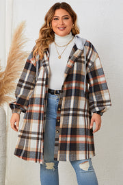 Fashorio Black / 1XL Honey Plus Size Plaid Drop Shoulder Hooded Coat