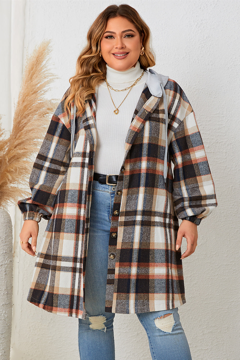 Fashorio Black / 1XL Honey Plus Size Plaid Drop Shoulder Hooded Coat
