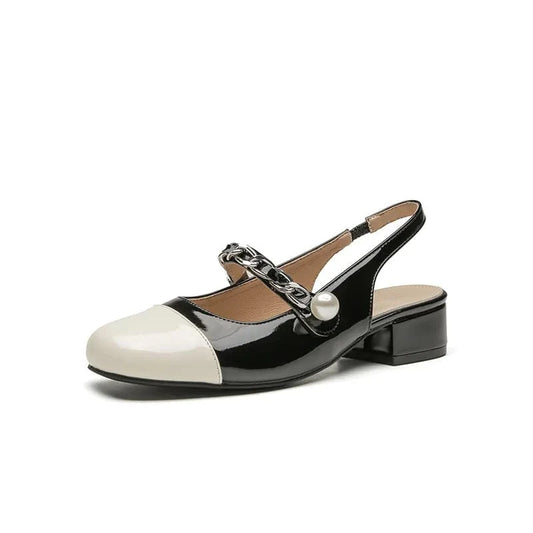 Contrast Round Toe Block Heel Mary Jane Shoes Black - Fashorio