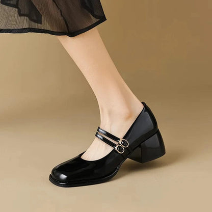 Double Buckle Strap Square Toe Mary Jane Heels Black - Fashorio