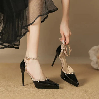 Rivet Decor Ankle Strap Stiletto Pumps Black - Fashorio