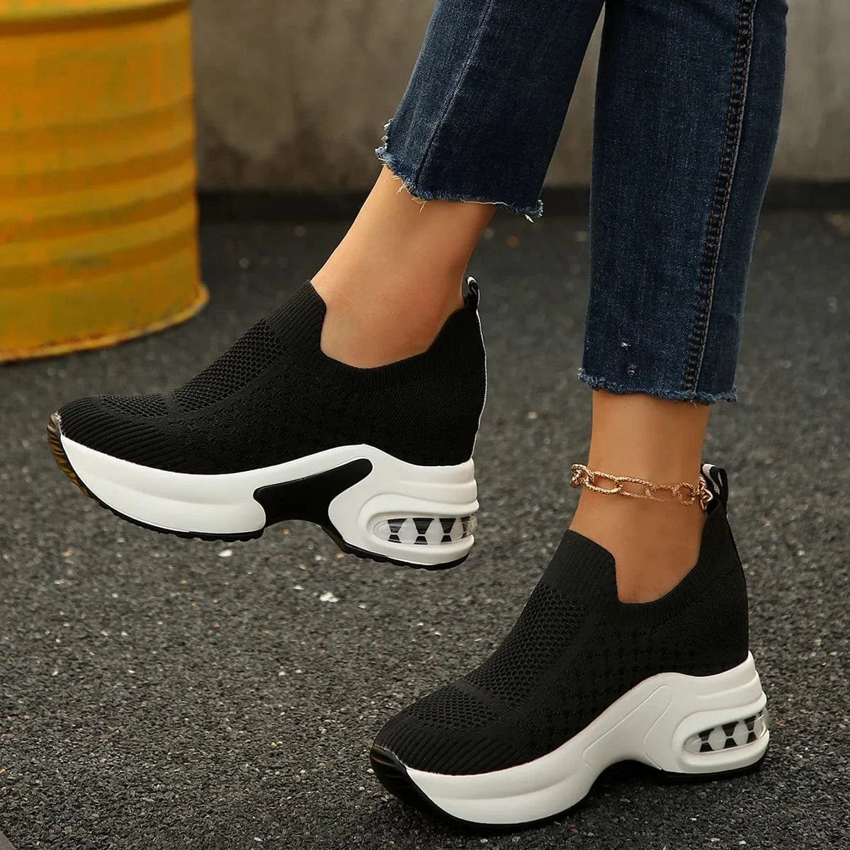 Breathable Mesh Platform Sneakers Black - Fashorio
