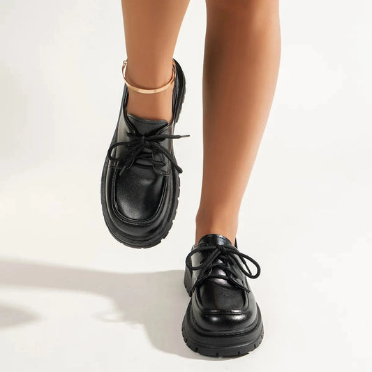 Leather Platform Loafers with Lace-Up Detail Black - Fashorio