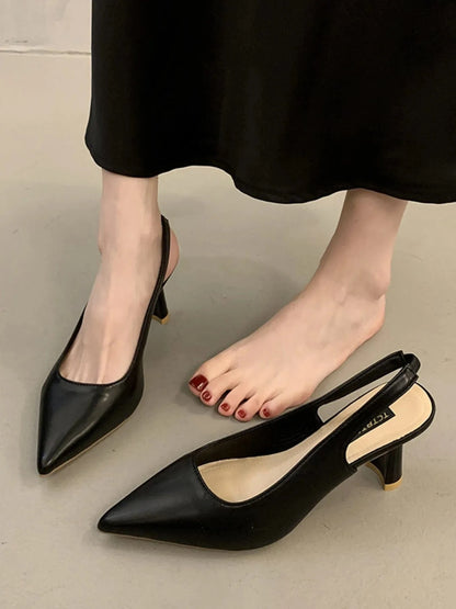 Point Toe Mid Heels Pumps Black - Fashorio
