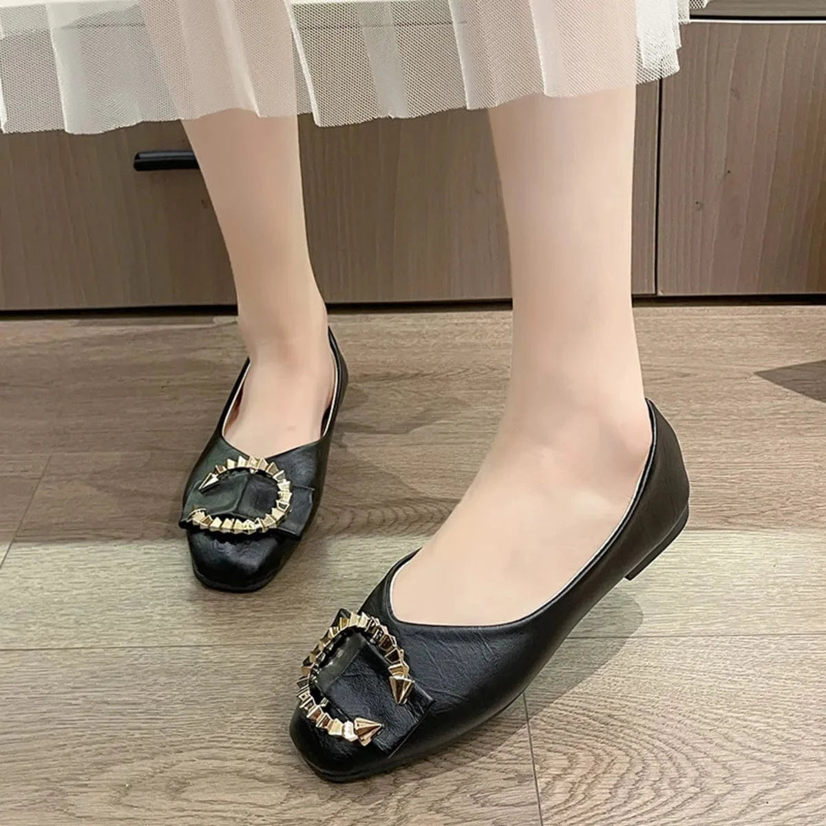 Square Toe Flat Slip-Ons Black - Fashorio
