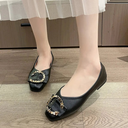 Square Toe Flat Slip-Ons Black - Fashorio