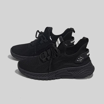 Mesh Lace-Up Platform Athletic Shoes Black - Fashorio