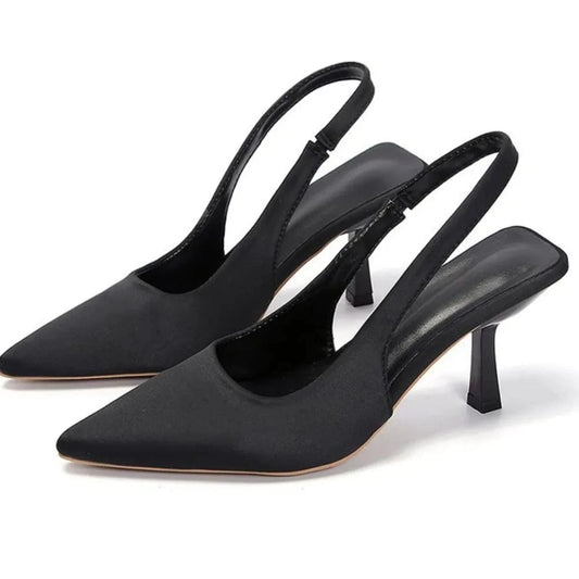 Point Toe Kitten Heel Slingback Pumps Black - Fashorio