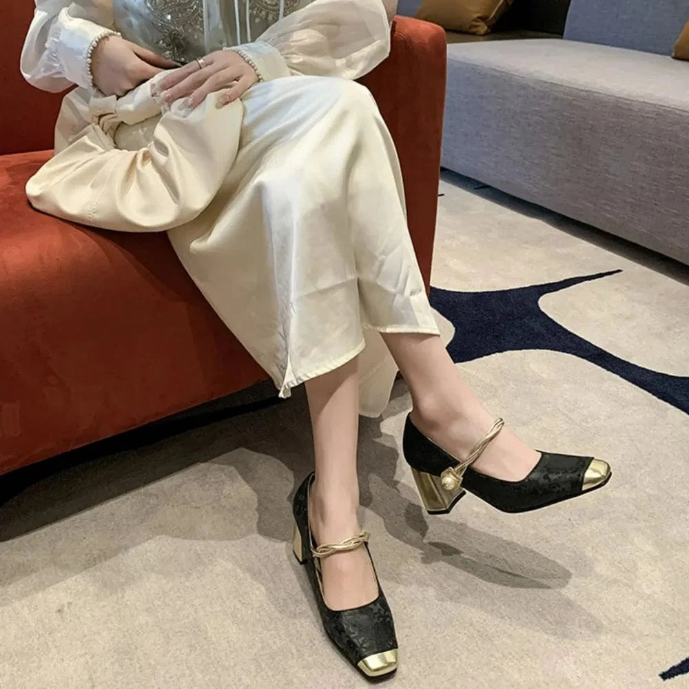 Square Toe Block Heels Pumps Black - Fashorio