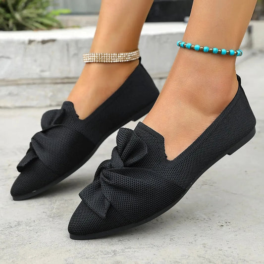 Bow Point Toe Flats Slip-Ons Black - Fashorio
