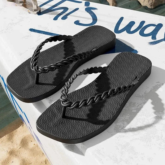 Braided Strap Beach Toe Post Slippers Black - Fashorio