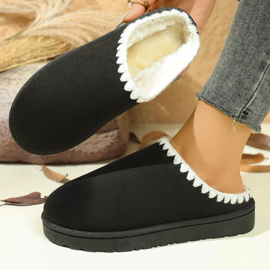 Fleece Lined Round Toe Slippers Black - Fashorio