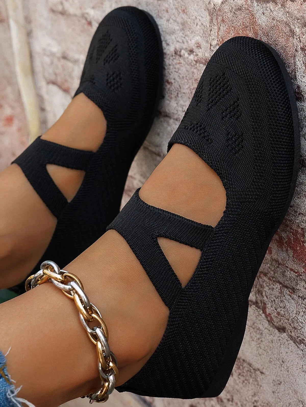 Fashorio Black / 36 Knit Mary Jane Slip-On Loafers with Strap