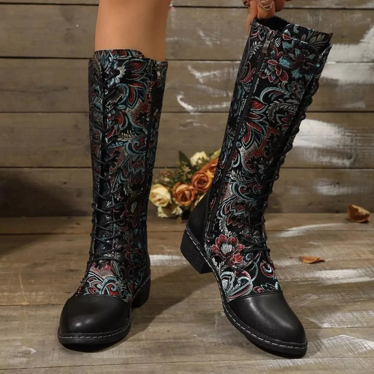 Lace Up Block Heels Boots Black - Fashorio