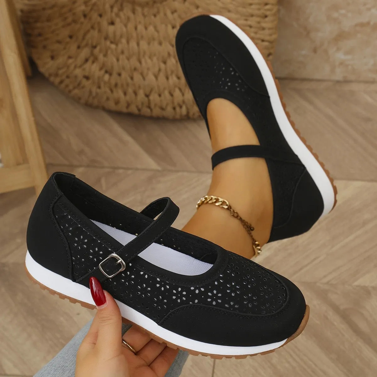 Fashorio Black / 36 Perforated Mary Jane Slip-Ons with Athletic Sole