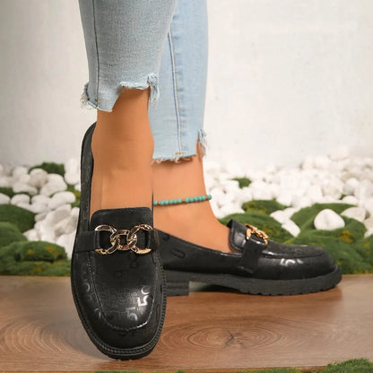 Round Toe Block Heels Loafers Black - Fashorio