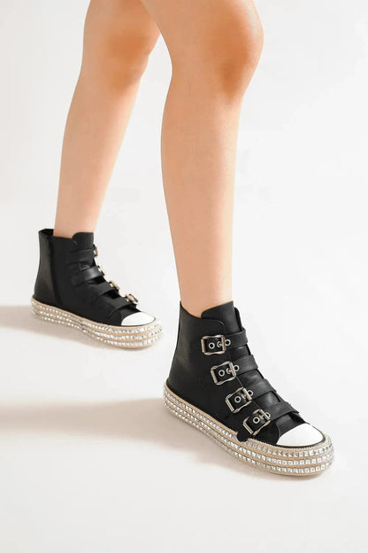 Beast Fashion Multi-Buckle Straps Studded Platform Sneakers Black - Fashorio