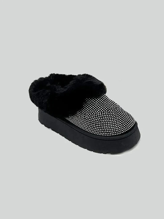 WILD DIVA Embellished Faux Fur Platform Booties Black - Fashorio