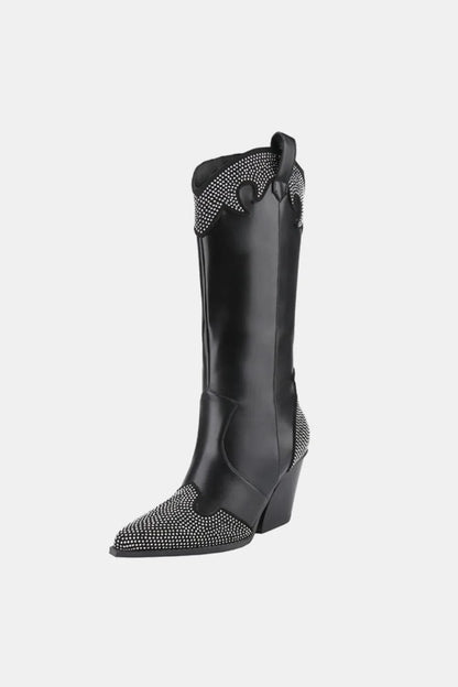 Weeboo Chunky Heel Rhinestone Decor Western Boots Black - Fashorio