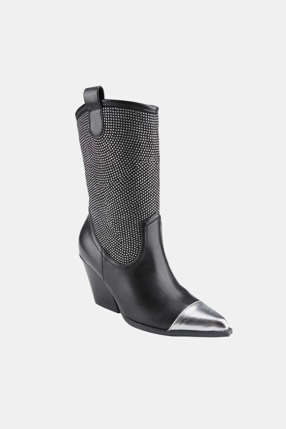 Weeboo Chunky Heel Rhinestone Western Cowboy Boots Black - Fashorio