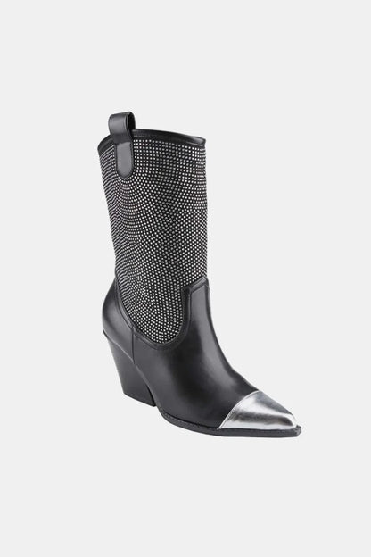 Weeboo Chunky Heel Rhinestone Western Cowboy Boots Black - Fashorio