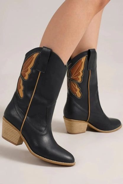 Beast Fashion Butterfly Cut Detail Point Toe Boots Black - Fashorio