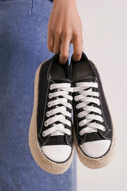 Beast Fashion Lace Up Woven Espadrille Sole Sneakers Black - Fashorio