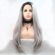 13*3" Lace Front Wigs Synthetic Long Straight 24" 130% Density Black Grey One Size - Fashorio