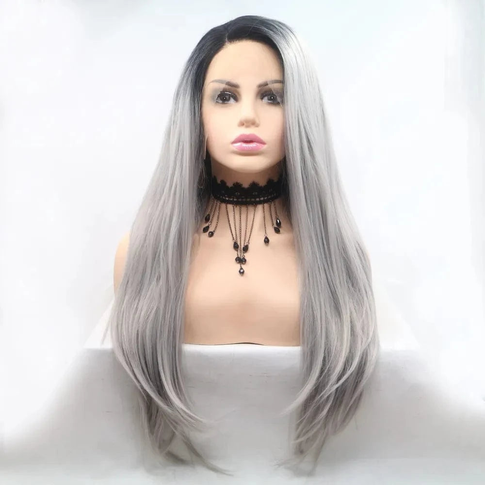 Fashorio Black/Grey / One Size 13*3" Lace Front Wigs Synthetic Long Straight 24" 130% Density