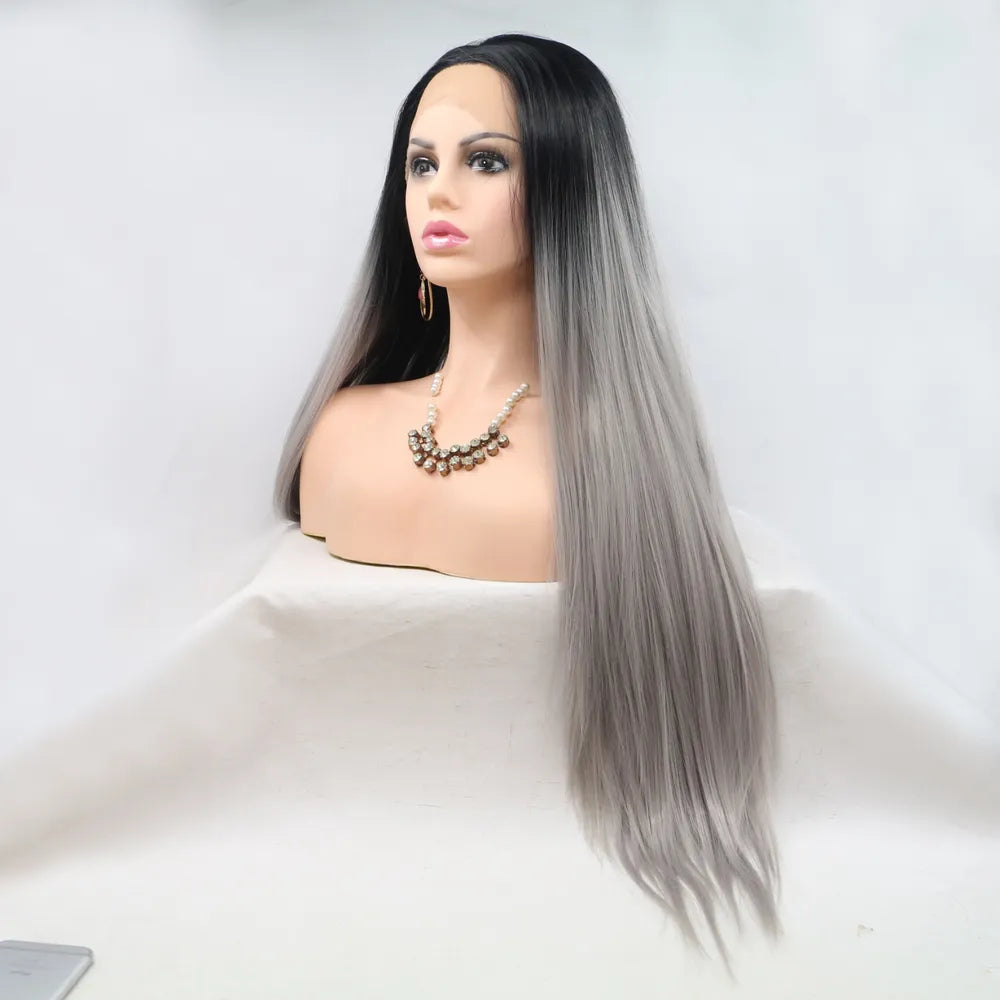 Fashorio Black/Grey / One Size 13*3" Lace Front Wigs Synthetic Long Straight 24" 130% Density
