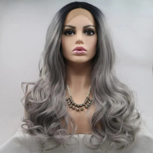 13*3" Lace Front Wigs Synthetic Long Wavy 24" 130% Density Black Grey One Size - Fashorio