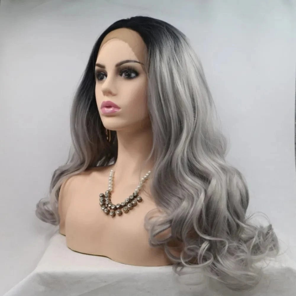 Fashorio Black/Grey / One Size 13*3" Lace Front Wigs Synthetic Long Wavy 24" 130% Density