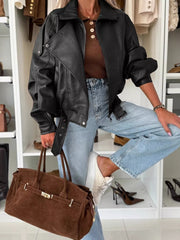 Fashorio Black / M Leather Zip Up Jacket – Buttoned Faux Leather Outerwear