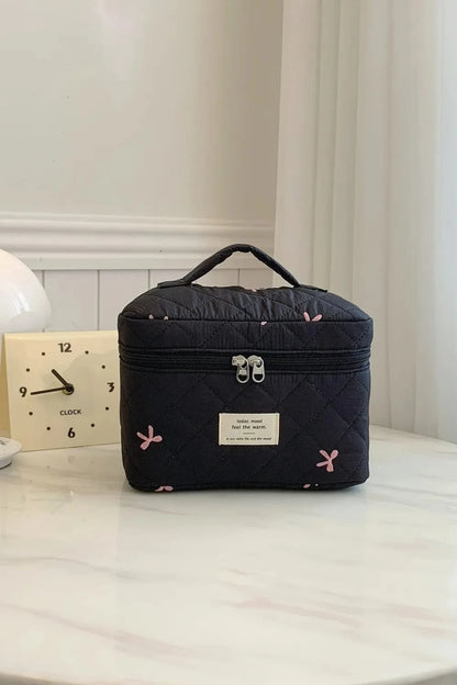 Bow Embroidered Quilted Storage Bag with Zip Black One Size - Fashorio