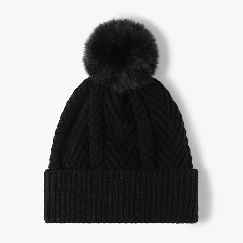 Fashorio Black / One Size Cable Knit Solid Color Hat with Pompom