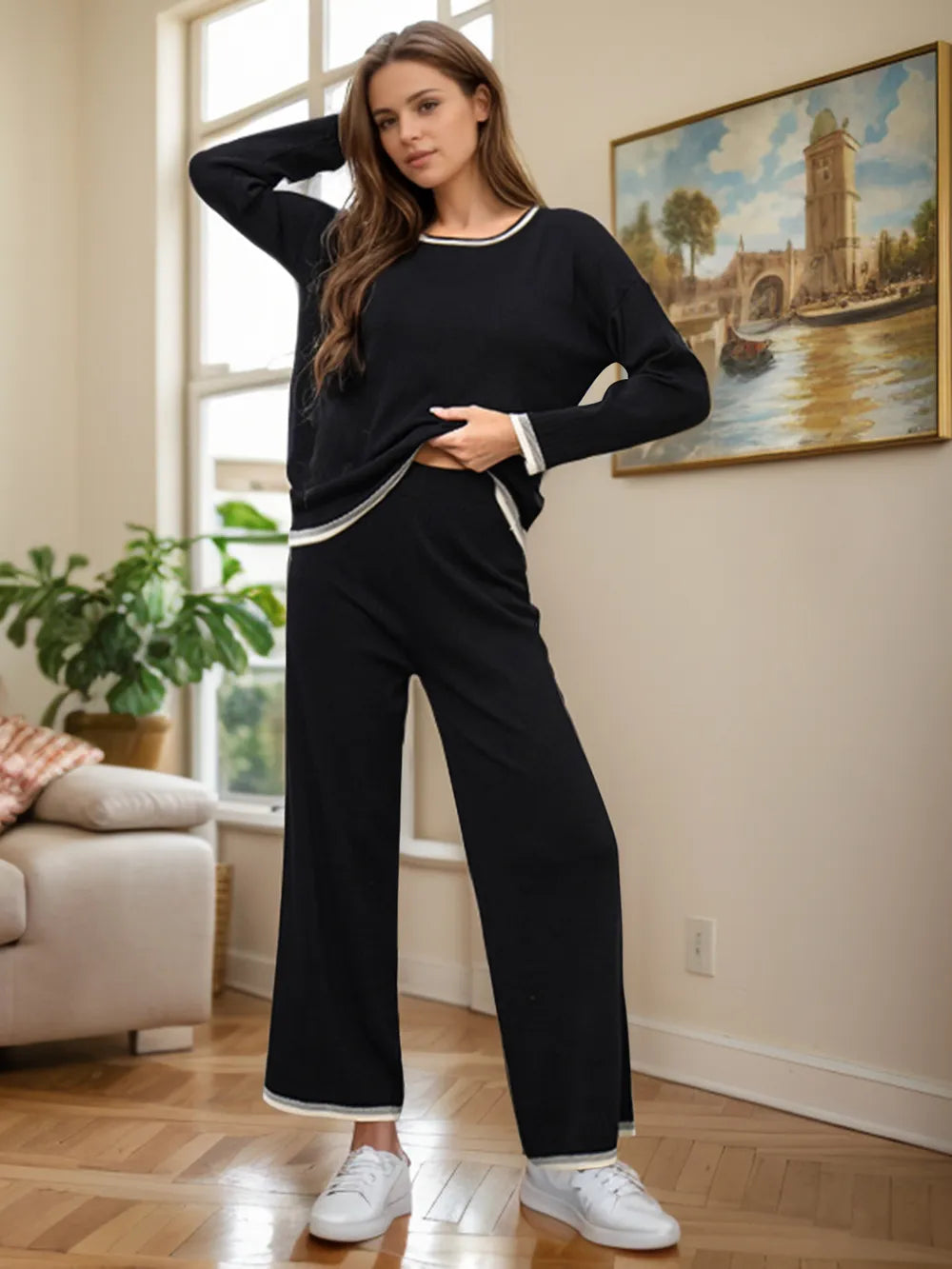 Fashorio Black / One Size Contrast Trim Round Neck Top and Pants Sweater Set